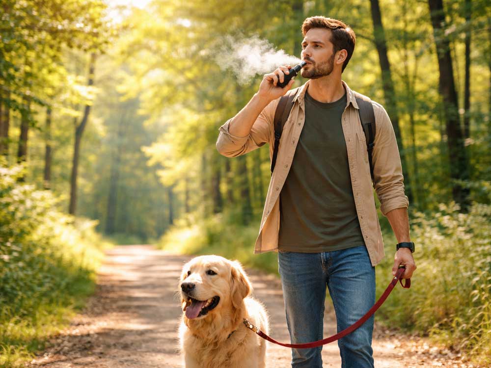 Vapoteur promenant un chien en forêt